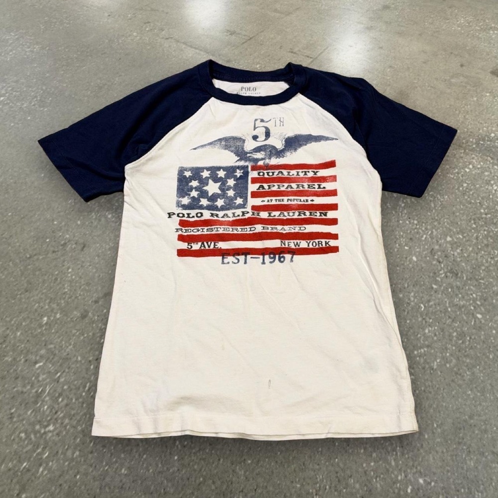 Polo Ralph Lauren Flag Baseball Raglan Shirt Youth Small White Navy
